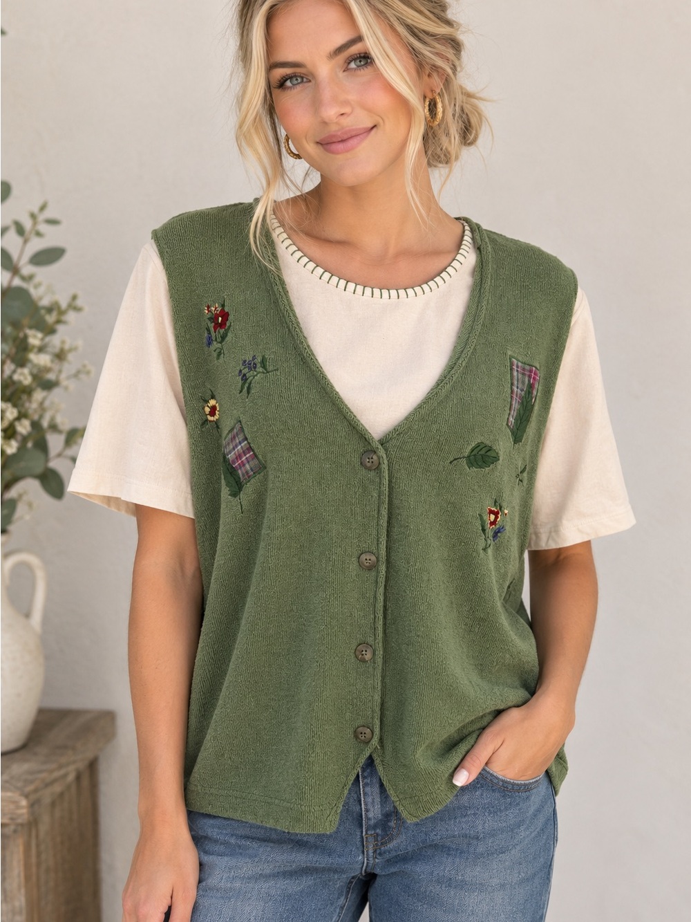 90s Jantzen Knit Vest Top L Layered 2in1 Grannycore Patchwork Floral Cottagecore